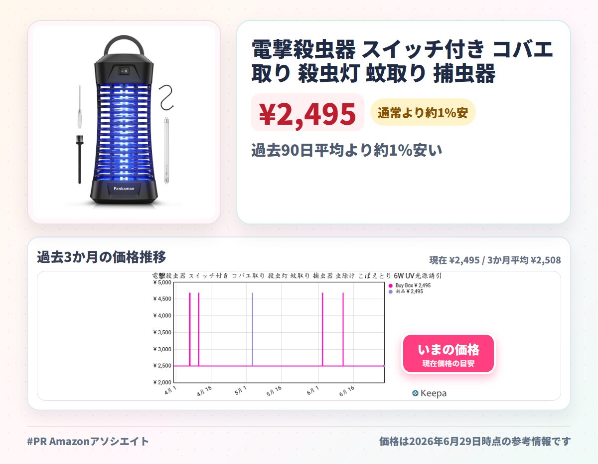電撃殺虫器 スイッチ付き コバエ取り 殺虫灯 蚊取り 捕虫器 虫除け こばえとり 6W UV光源誘引式 365nm波長 薬剤不要 殺虫ライト 防虫 コバエ モスキート 虫 対策 室内 屋外 静音 吊り下げ式＆据え置き式両用