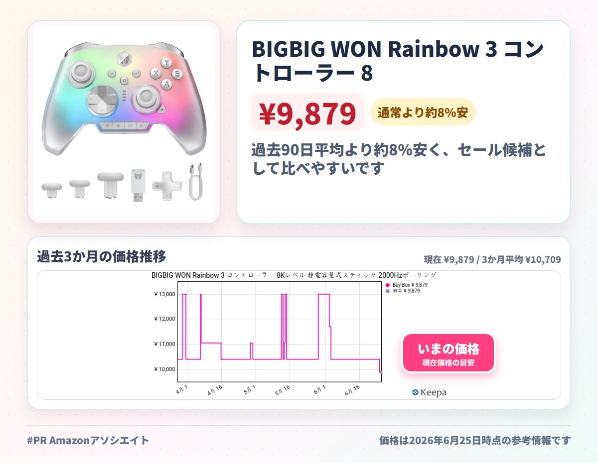 BIGBIG WON Rainbow 3 コントローラー 8Kレベル 静電容量式スティック 2000Hzポーリングレート 16個マイクロスイッチボタン ホール＆マイクロスイッチデュアルトリガ 着脱式十