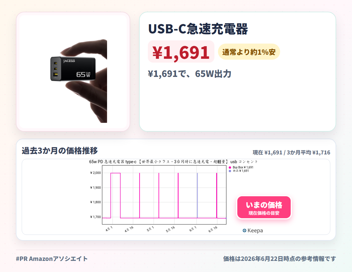 65 急速充電器 type 世界最小クラス・ 3 台同時に急速充電・超軽量 usb コンセント