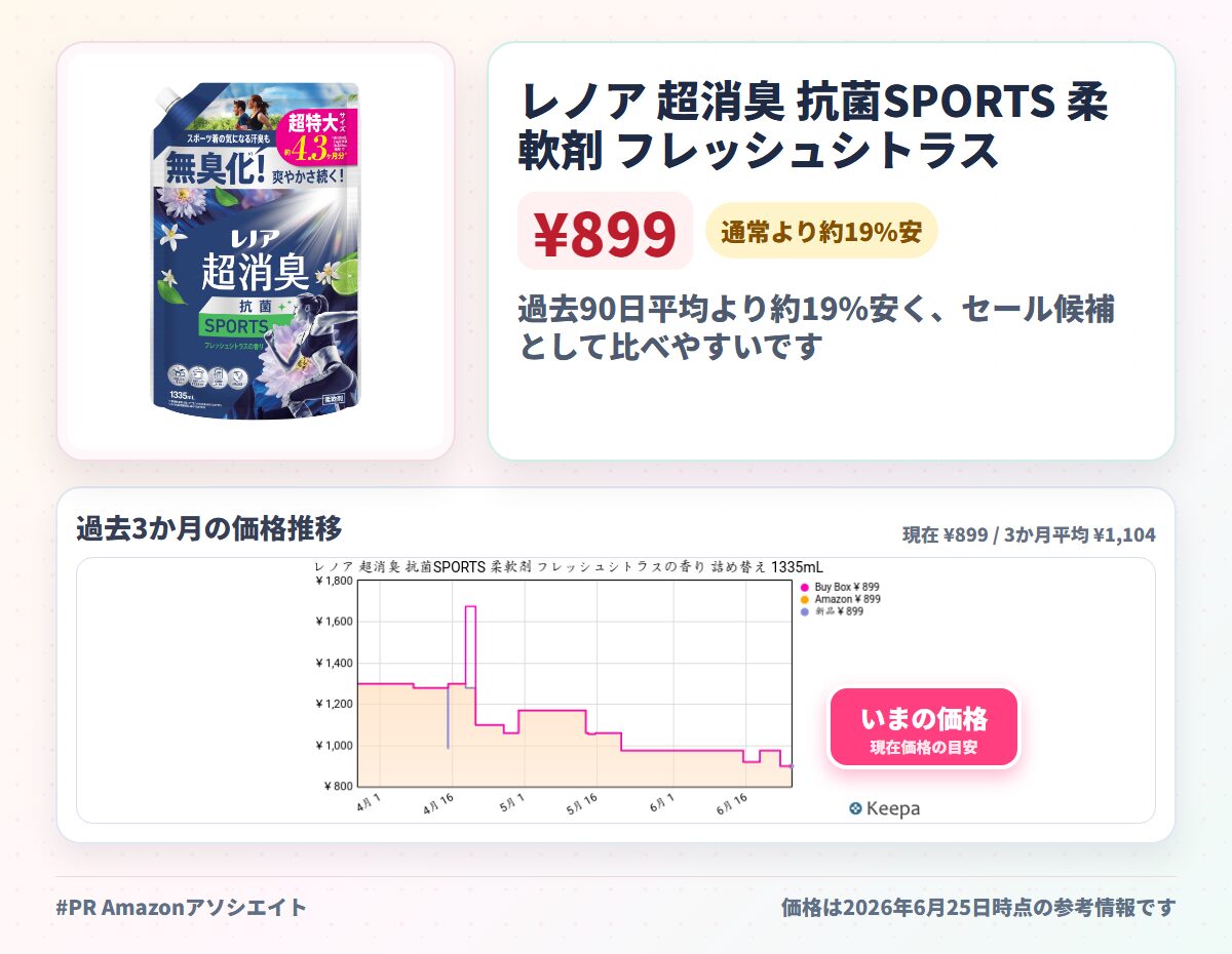 レノア 超消臭 抗菌SPORTS 柔軟剤 フレッシュシトラスの香り 詰め替え 1335mL