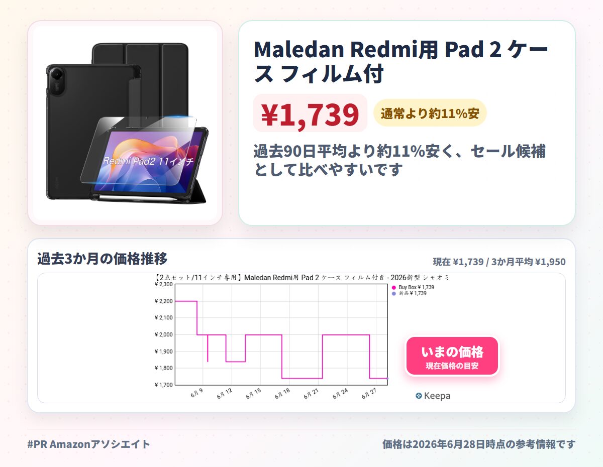 Maledan Redmi用 Pad 2 ケース フィルム付き - 2026新型 シャオミ RedmiPad2用 カバー 半透明 マット加工 指紋防止 ペン収納 オートスリープ 三つ折り スタンド 車載 耐衝撃 薄型 軽量 全面保護 ガラスフィルム (ブラック)