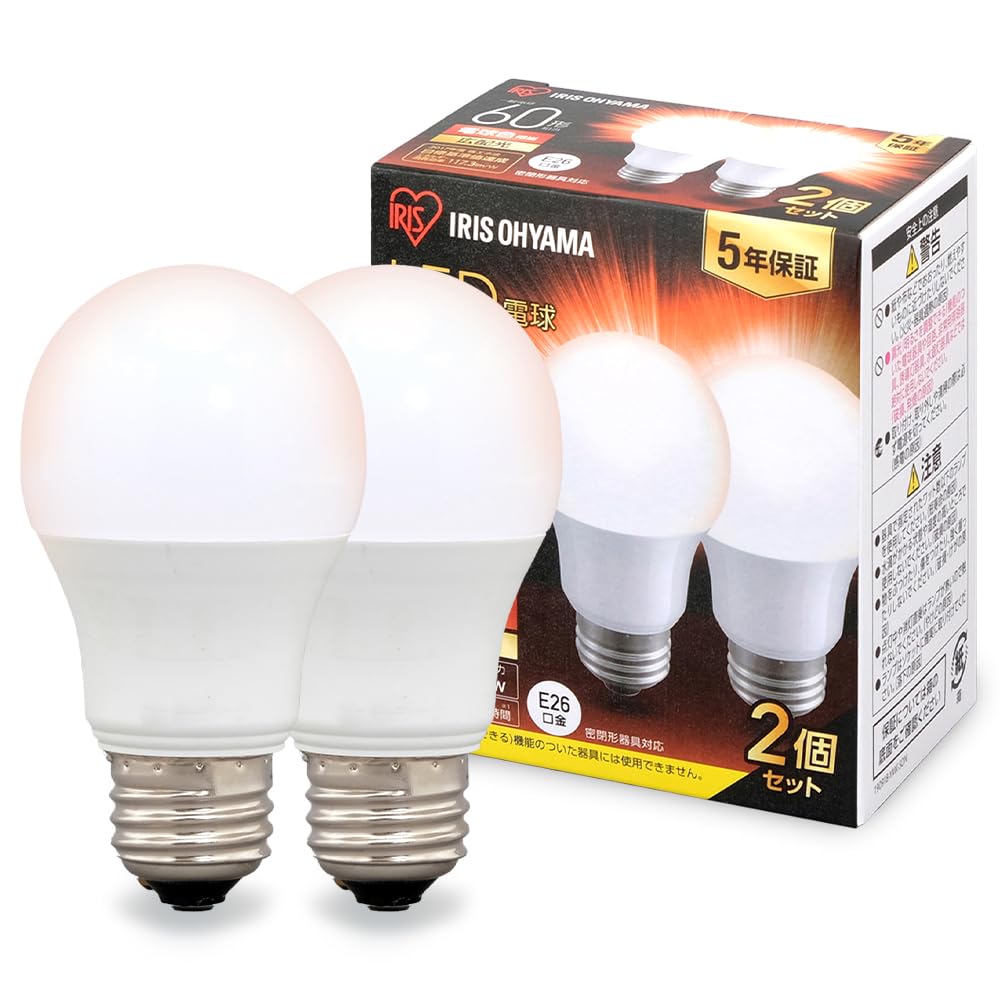 アイリスオーヤマ LED電球 口金直径26mm 広配光 60W形相当 電球色 2個パック 密閉器具対応 LDA7L-G-6T62P
