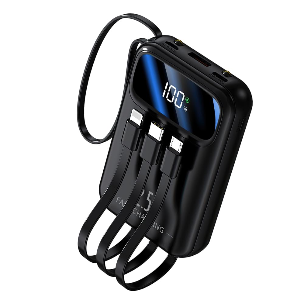 モバイルバッテリー 軽量 小型 15000ｍAh大容量 PD22.5W急速充電 4本ケーブル内蔵 5台同時充電 LED液晶残量表示 懐中電灯 携帯バッテリー 持ち運び便利 コンパクト iOS/Android全機種対応 旅行/出張/防災グッズ ブラック