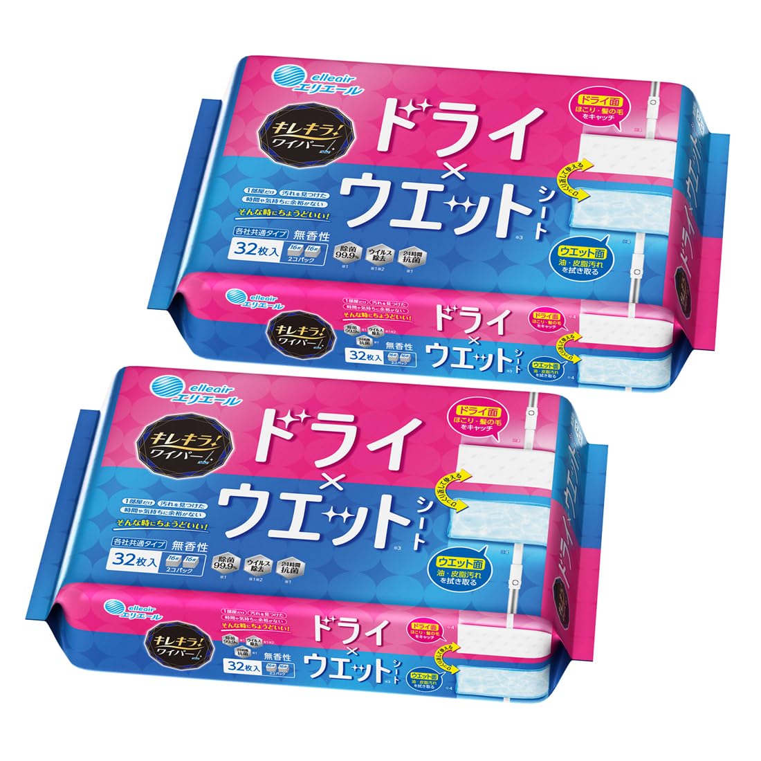 エリエール キレキラ! ワイパー ドライ×ウエットシート 64枚(16枚ｘ4P) まとめ買い