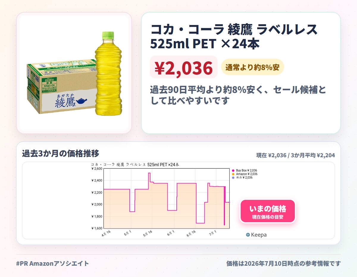 コカ・コーラ 綾鷹 ラベルレス 525ml PET ×24本