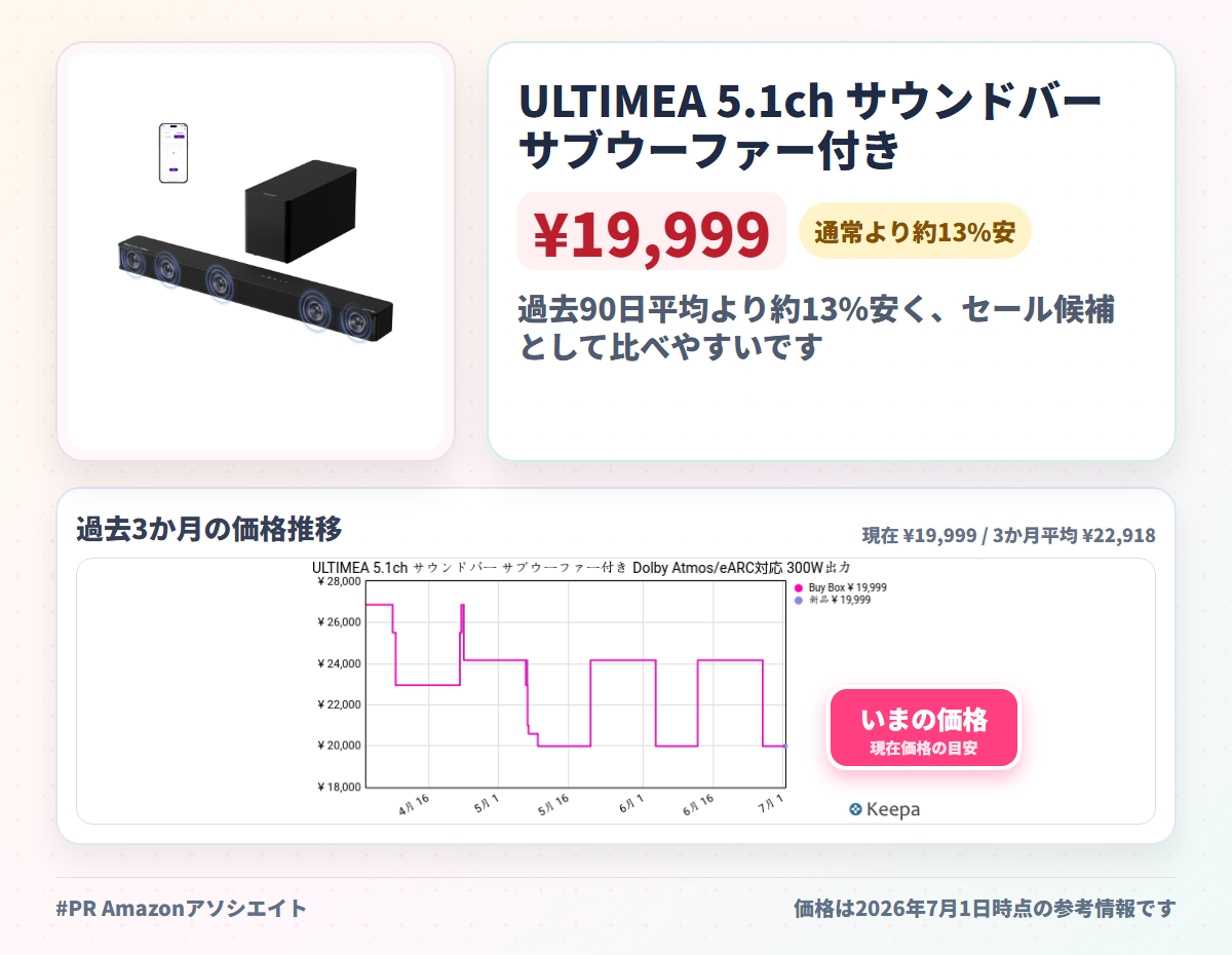 ULTIMEA 5.1ch サウンドバー サブウーファー付き Dolby Atmos/eARC対応 300W出力 Bluetooth5.4搭載 Soundbar サラウンドスピーカー HDMIケーブル付き VoiceMX/BassMX/APP制御 ホームシアター Poseidon M60