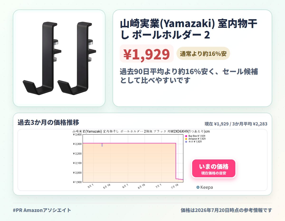 山崎実業(Yamazaki) 室内物干し ポールホルダー 2個組 ブラック 約W2XD6XH9(1つあたり)cm タワー tower 鴨居に引っ掛けて ネジ固定 洗濯 物干し 5624