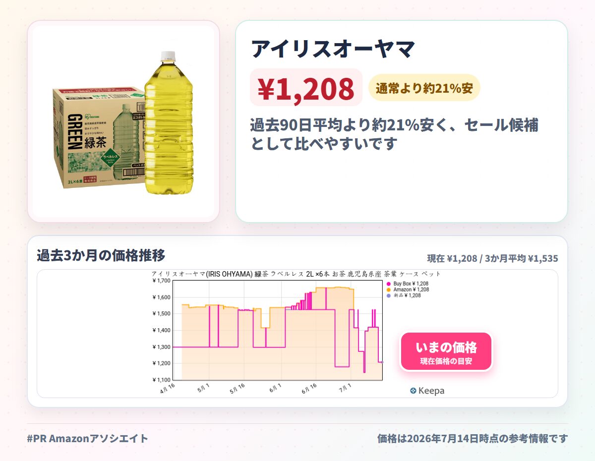 アイリスオーヤマ(IRIS OHYAMA) 緑茶 ラベルレス 2L ×6本 お茶 鹿児島県産 茶葉 ケース ペットボトル 2リットル ボトル 国内製造 おちゃ