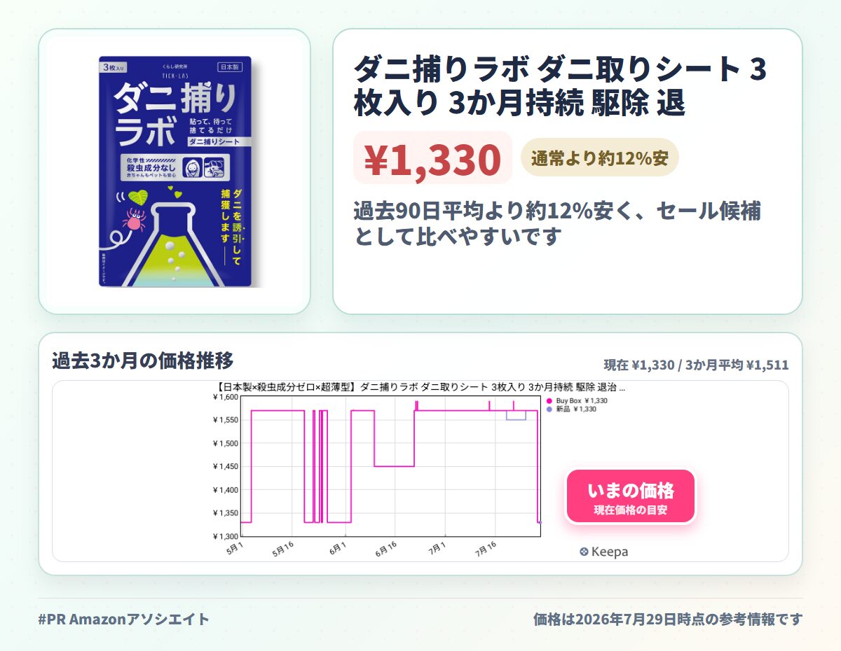 ダニ捕りラボ ダニ取りシート 3枚入り 3か月持続 駆除 退治 虫除け 犬用ノミ・ダニ取り器具