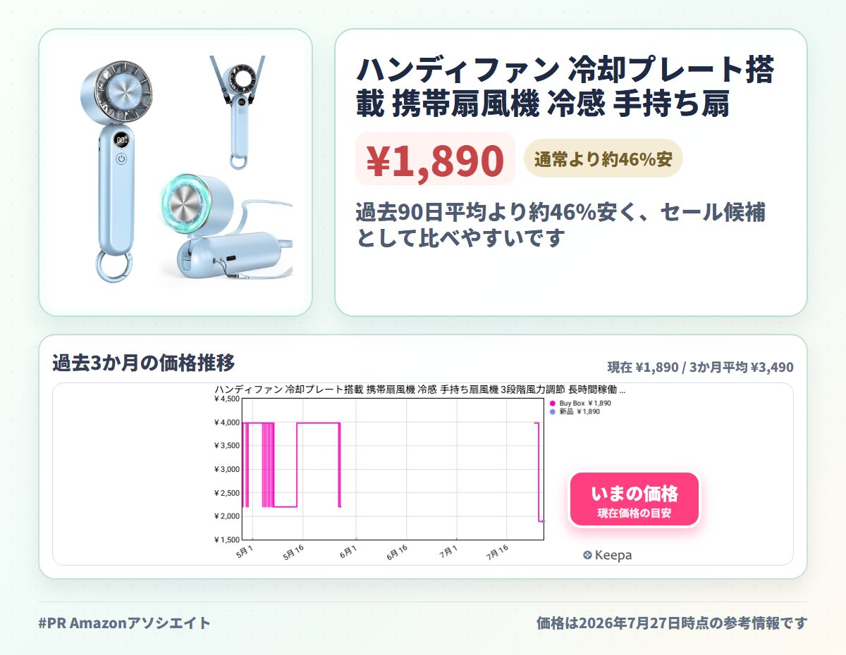 ハンディファン 冷却プレート搭載 携帯扇風機 冷感 手持ち扇風機 3段階風力調節 長時間稼働 ミニファン 熱中症対策 USB充電式 小型 卓上 首掛け ストラップ付き カラビナ付き ブルー