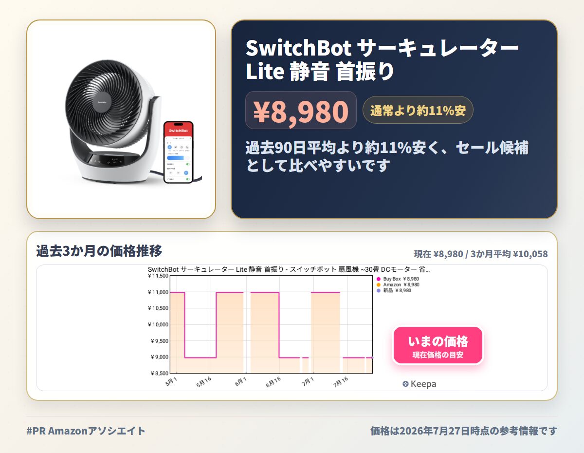 SwitchBot サーキュレーター Lite 静音 首振り - スイッチボット 扇風機 ~30畳 DCモーター 省エネ 無段階風量調整 リモコン付き Alexa Google Home Siriに対応