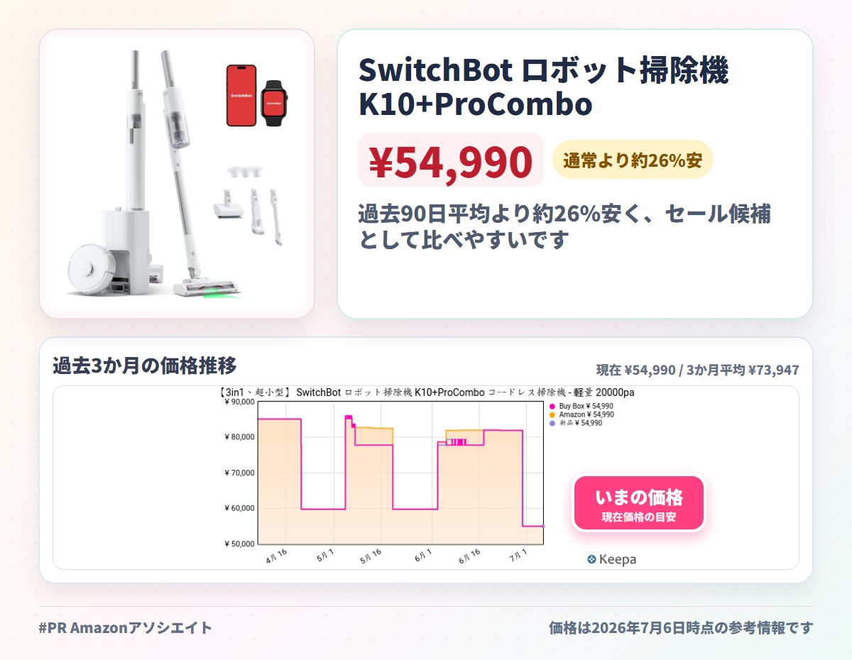 SwitchBot ロボット掃除機 K10+ProCombo コードレス掃除機 - 軽量 20000pa 自動ゴミ収集 使い捨てシート/水拭き/静音/置くだけで充電/障害物回避/禁止エリア/スティック/ハンディ/4種類ノズル スイッチボット Alexa 音声対応