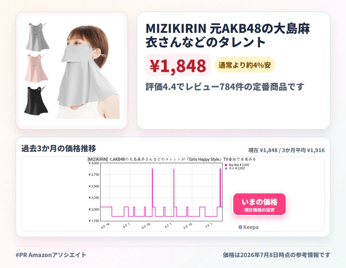 MIZIKIRIN 元AKB48の大島麻衣さんなどのタレントが『Girls Happy Style』TV番組で本商品を試用して紹介！接触冷感 日焼け防止 フェイスカバー UVカット冷感マスク 【 開口 デザイン 息苦しくない】 UPF50+ 日焼け止め マスク 耳紐調節可能 日焼け対策 通