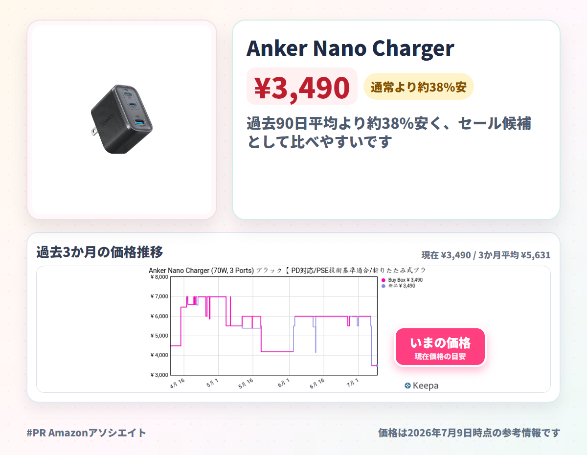 Anker Nano Charger (70W, 3 Ports) ブラック【 PD対応/PSE技術基準適合/折りたたみ式プラグ】iPhone 17 / 16 / 15シリーズ / Air MacBook Windows PC iPad Galaxy Android スマートフォン ノートPC