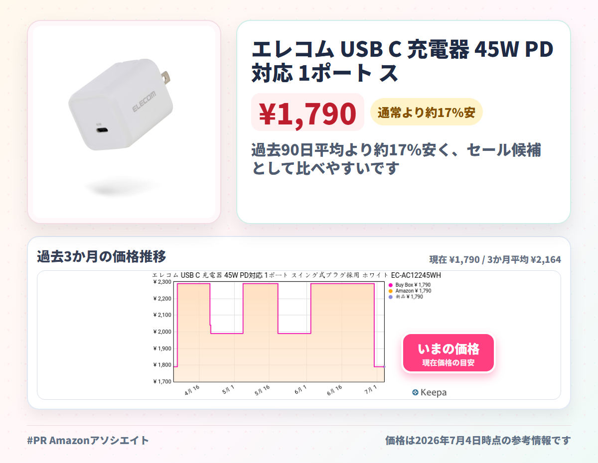 エレコム USB C 充電器 45W PD対応 1ポート スイング式プラグ採用 ホワイト EC-AC12245WH