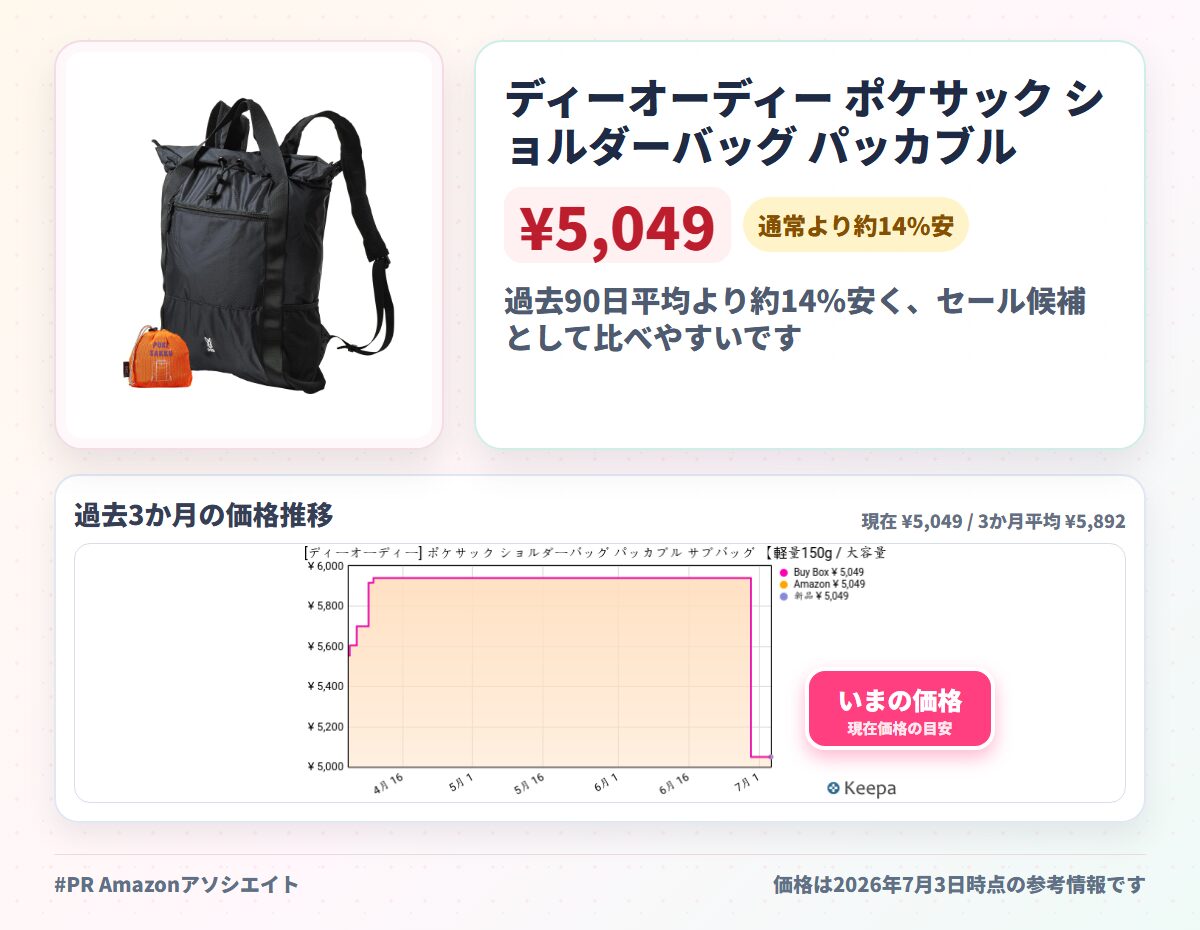 ディーオーディー ポケサック ショルダーバッグ パッカブル サブバッグ 【軽量150g / 大容量12L / 4ポケット】 アウトドア フェス 旅行 買い物 BA139-BK