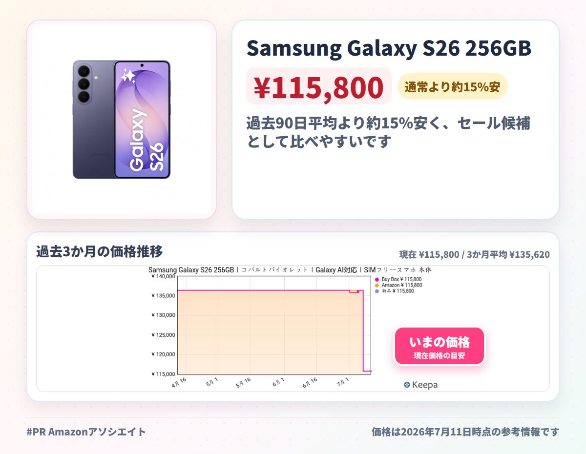 Samsung Galaxy S26 256GB｜コバルトバイオレット｜Galaxy AI対応｜SIMフリースマホ 本体 端末｜FeliCa対応｜Samsung純正 国内正規品｜6.3インチ｜軽量約167g｜IP68防水防塵｜フルHD+｜バッテリー 4,300mAh｜SM-S942QZVESJP