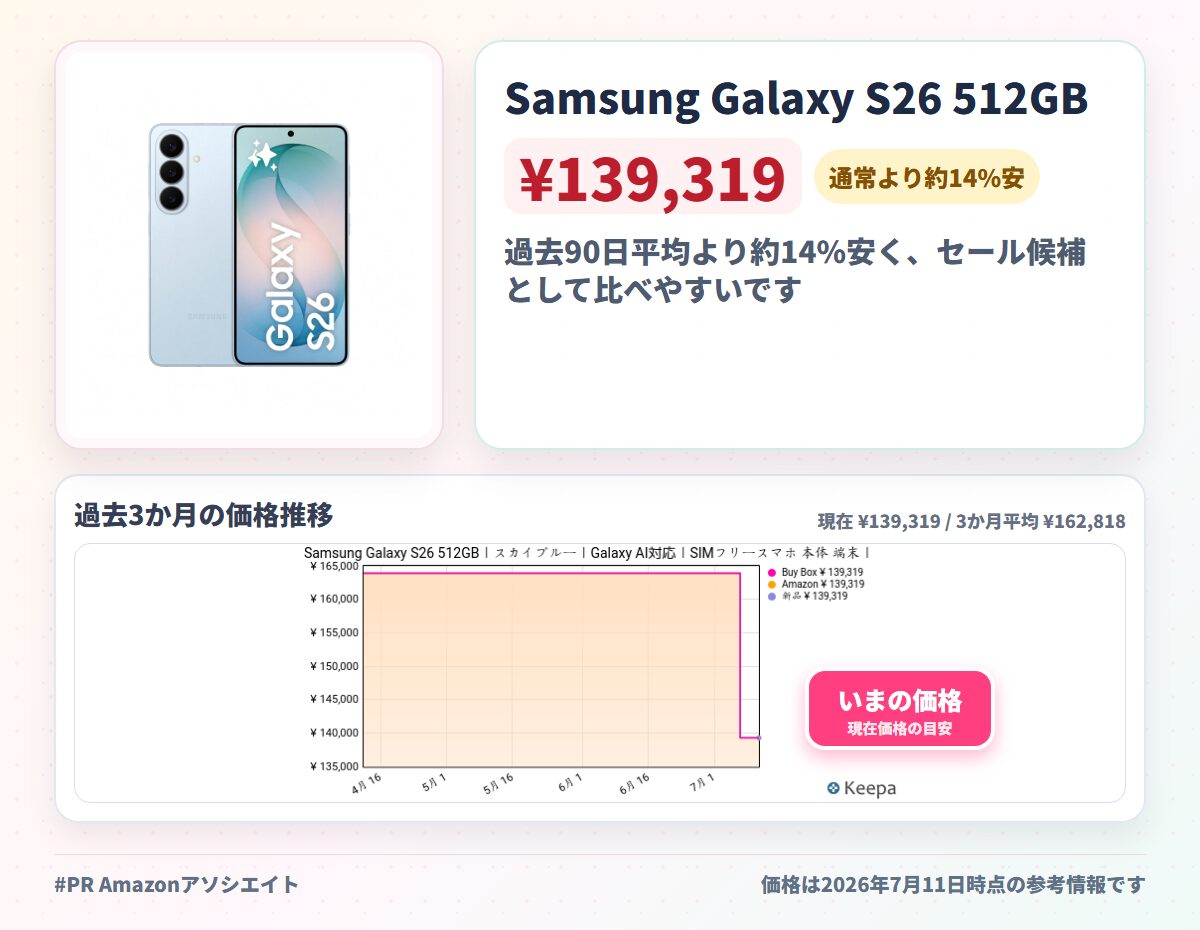 Samsung Galaxy S26 512GB｜スカイブルー｜Galaxy AI対応｜SIMフリースマホ 本体 端末｜FeliCa対応｜Samsung純正 国内正規品｜6.3インチ｜軽量約167g｜IP68防水防塵｜フルHD+｜バッテリー 4,300mAh｜SM-S942QLBFSJP