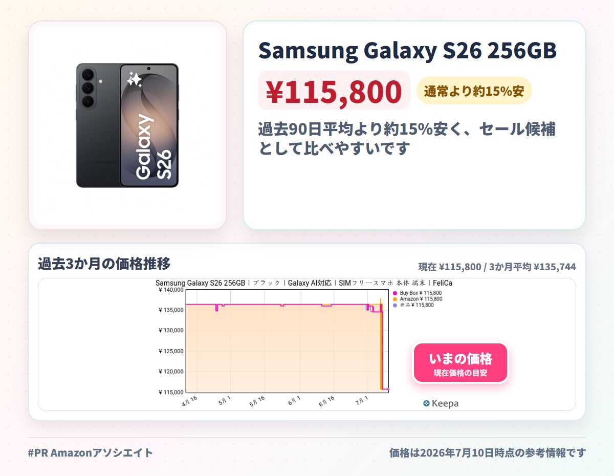 Samsung Galaxy S26 256GB|ブラック|Galaxy AI対応|SIMフリースマホ 本体 端末|FeliCa対応|Samsung純正 国内正規品|6.3インチ|軽量約167g|IP68防水防塵|フルHD+|バッテリー 4,300mAh|SM-S942QZKESJP