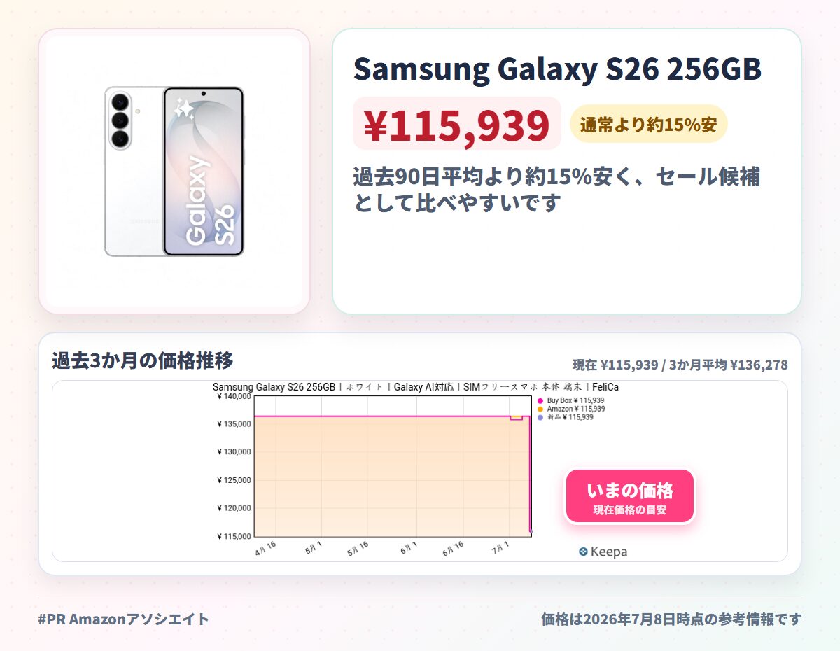 Samsung Galaxy S26 256GB｜ホワイト｜Galaxy AI対応｜SIMフリースマホ 本体 端末｜FeliCa対応｜Samsung純正 国内正規品｜6.3インチ｜軽量約167g｜IP68防水防塵｜フルHD+｜バッテリー 4,300mAh｜SM-S942QZWESJP