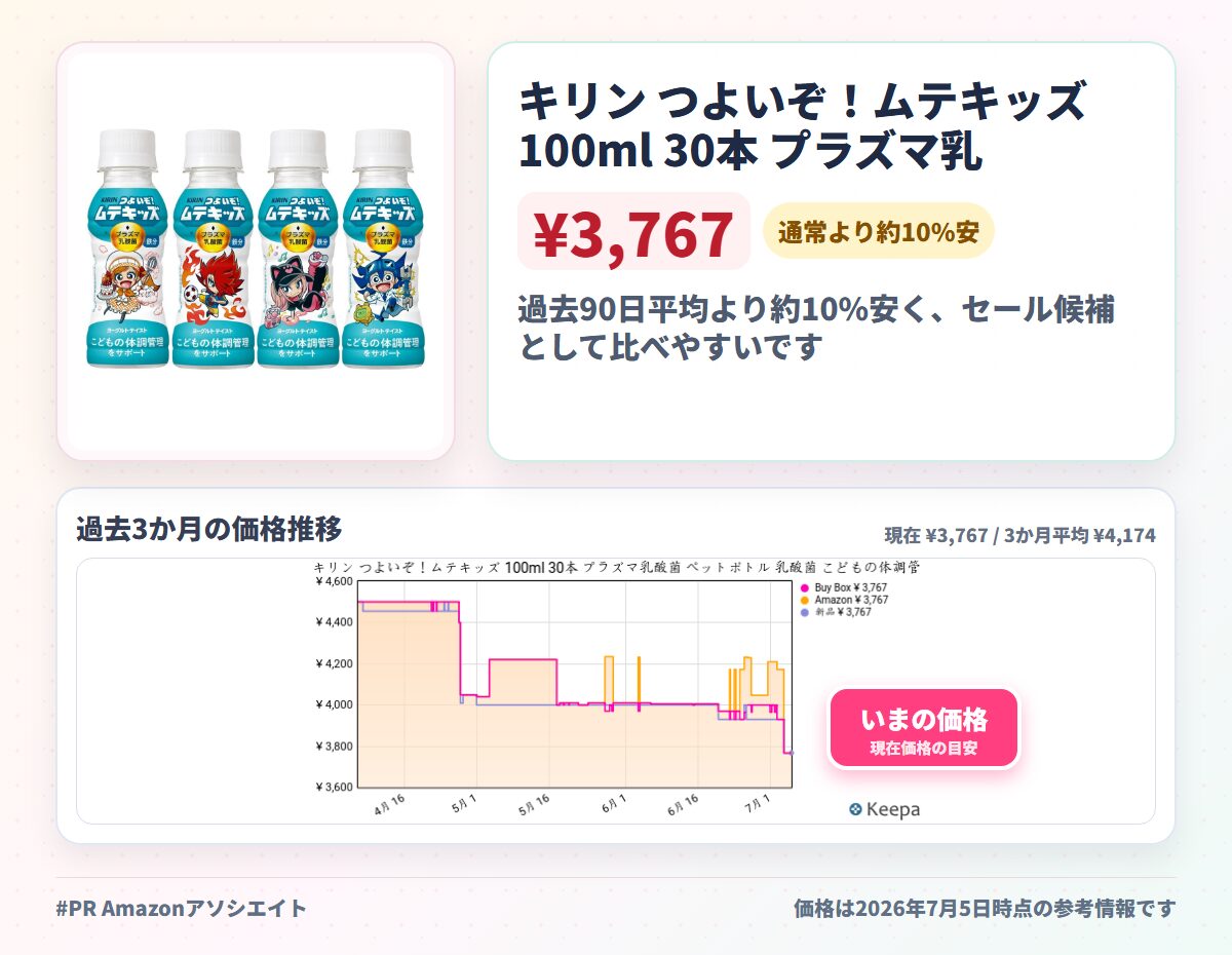 キリン つよいぞ！ムテキッズ 100ml 30本 プラズマ乳酸菌 ペットボトル 乳酸菌 こどもの体調管理 健康飲料 ヨーグルトテイスト 鉄分配合