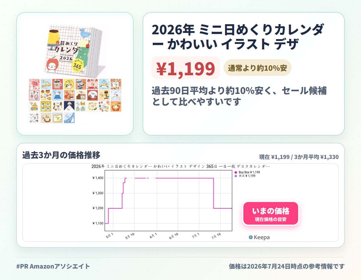 2026年 ミニ日めくりカレンダー かわいい イラスト デザイン 365日 一日一枚 デスクカレンダー スクラップブッキング 手帳素材 DIYコラージュ