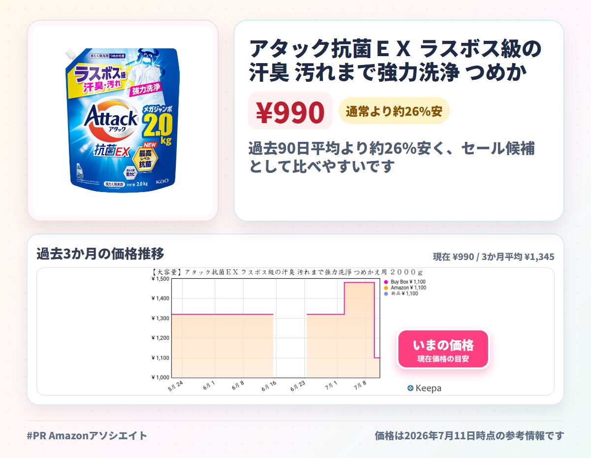 アタック抗菌ＥＸ ラスボス級の汗臭 汚れまで強力洗浄 つめかえ用 ２０００ｇ