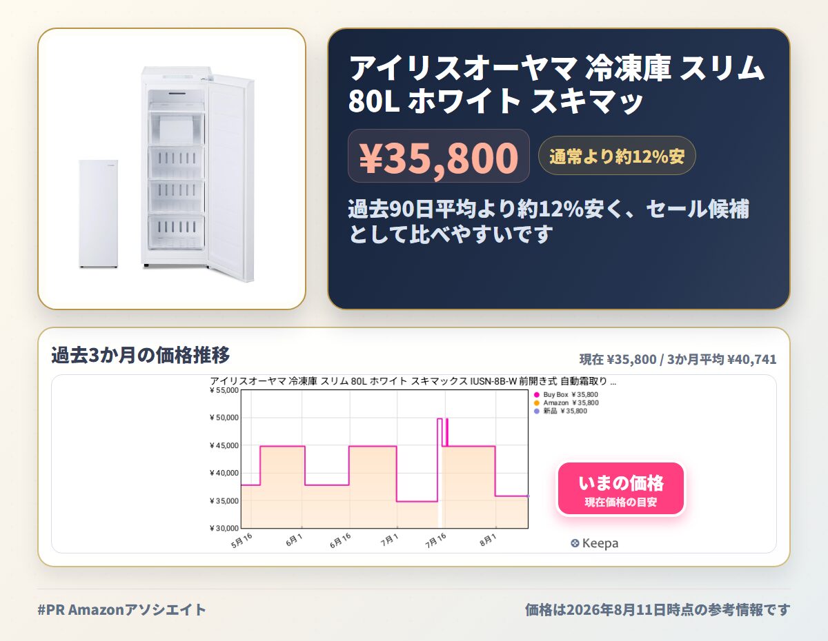 アイリスオーヤマ 冷凍庫 スリム 80L ホワイト スキマックス IUSN-8B-W 前開き式 自動霜取り 幅35.6cm 新生活