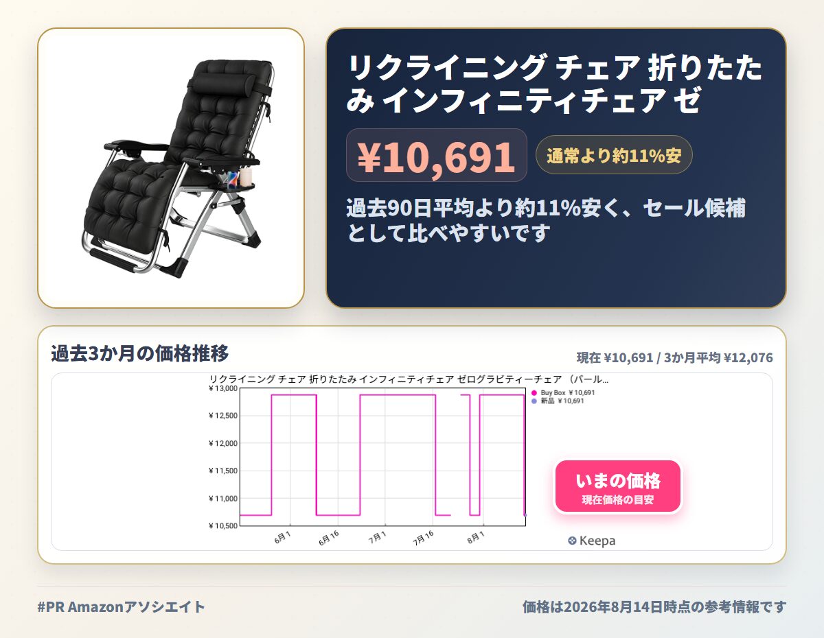 リクライニング チェア 折りたたみ インフィニティチェア ゼログラビティーチェア （パールコットンパッド-ブラック） | ベランダ アウトドア用 無段階角度調節 枕つき 組立不要 耐荷重160kg