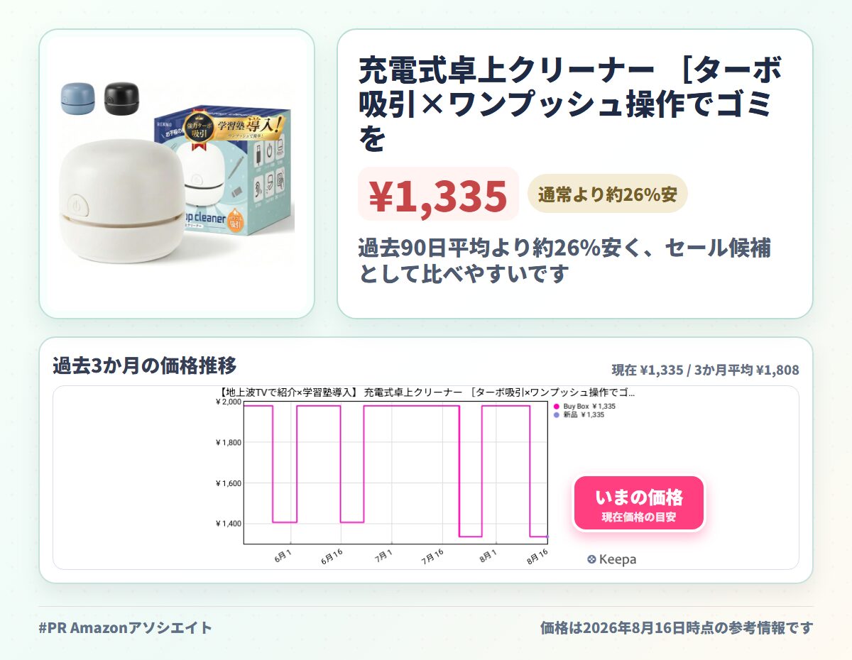 充電式卓上クリーナー ［ターボ吸引×ワンプッシュ操作でゴミを逃さず簡単お掃除］ 消しカス ミニデスク掃除機(ホワイト)