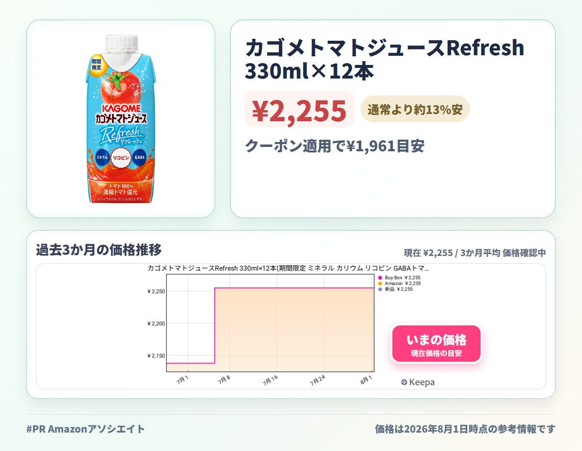 カゴメトマトジュースRefresh 330ml×12本(期間限定 ミネラル カリウム リコピン GABAトマト100%)