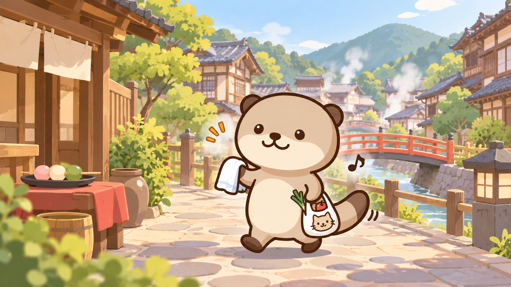 ユーザー指定キャラクターが楽しむレトロな温泉街のイラスト